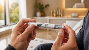 Close-up of a man’s well-groomed hands holding a sleek semaglutide injection pen in a softly lit luxury medical clinic, with warm natural light and a blurred elegant background