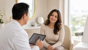 Hispanic woman in her late 30s smiling during a plastic surgery consultation while a board-certified surgeon shows information on a tablet in a bright, modern clinic setting with soft natural light.