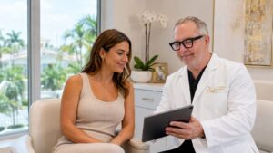 Plastic surgeon Dr. Lyons reviewing post-operative recovery instructions with a female patient during a follow-up consultation inside a plastic surgery clinic in West Palm Beach.