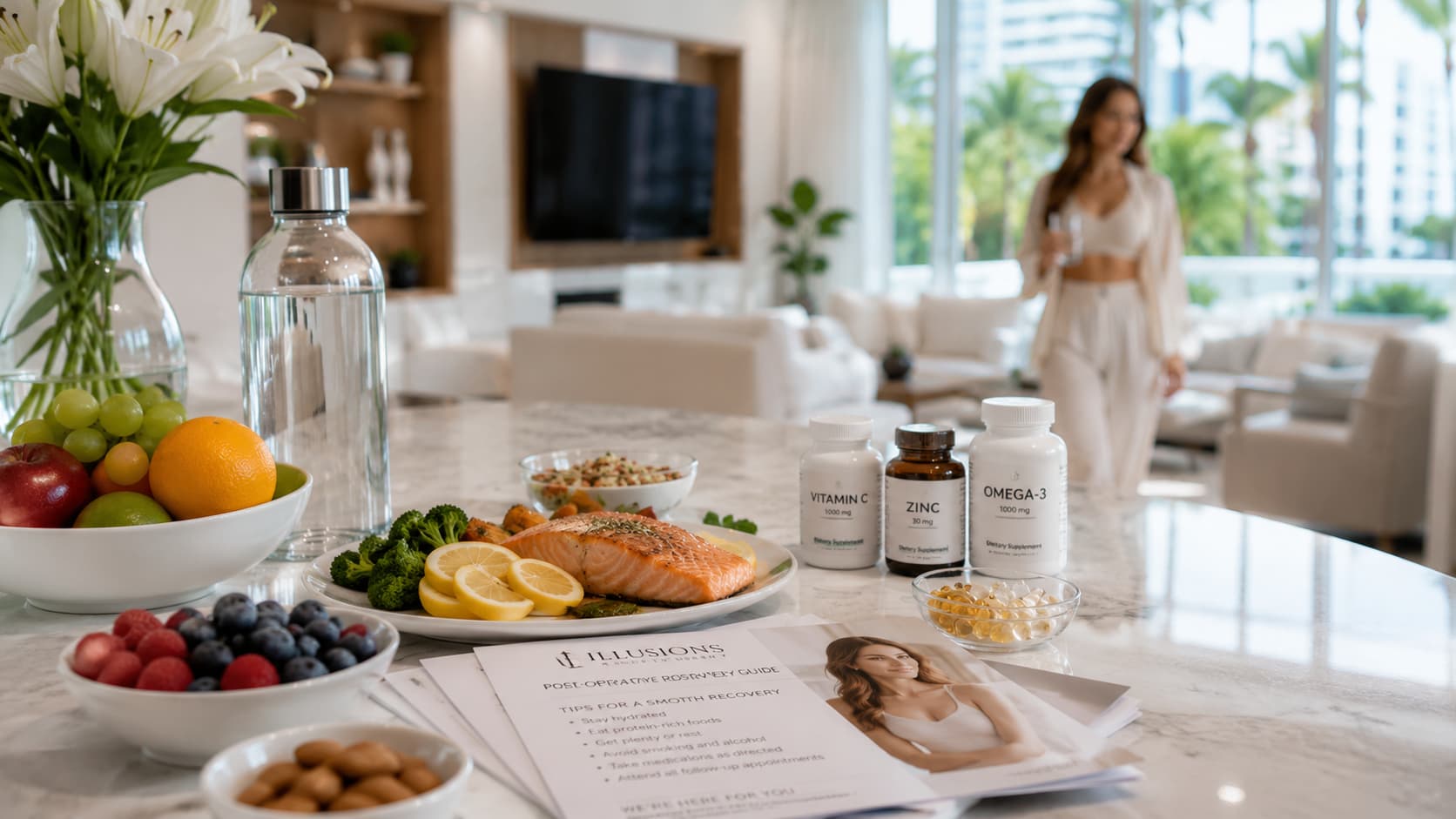 Healthy recovery foods and post-operative care guidelines displayed in a modern kitchen during plastic surgery recovery at home
