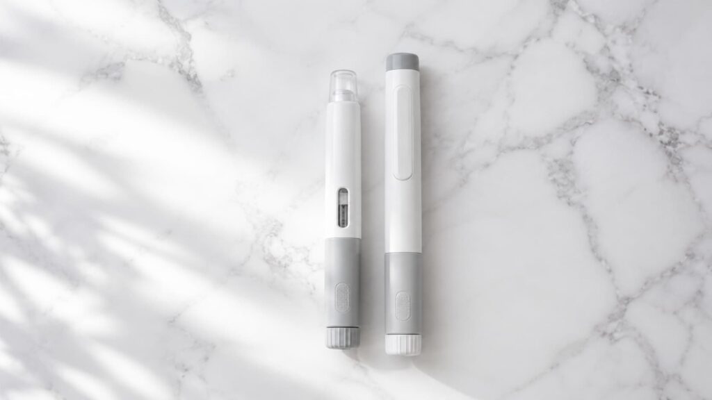 Two GLP-1 injection pens side by side representing the Mounjaro vs Wegovy comparison