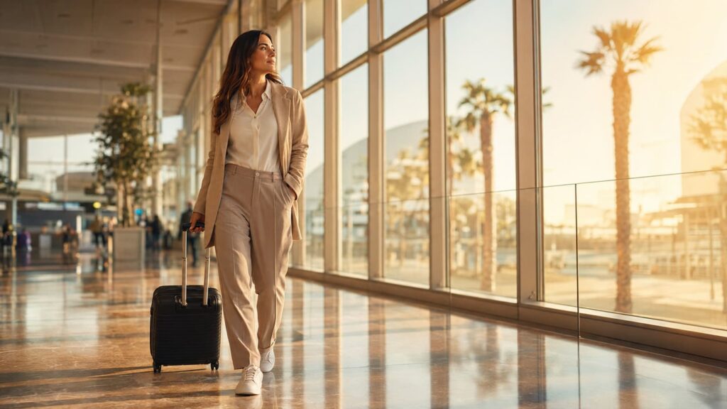 Woman rolling a suitcase through an airport terminal while planning a Miami cosmetic surgery trip