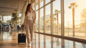 Woman rolling a suitcase through an airport terminal while planning a Miami cosmetic surgery trip