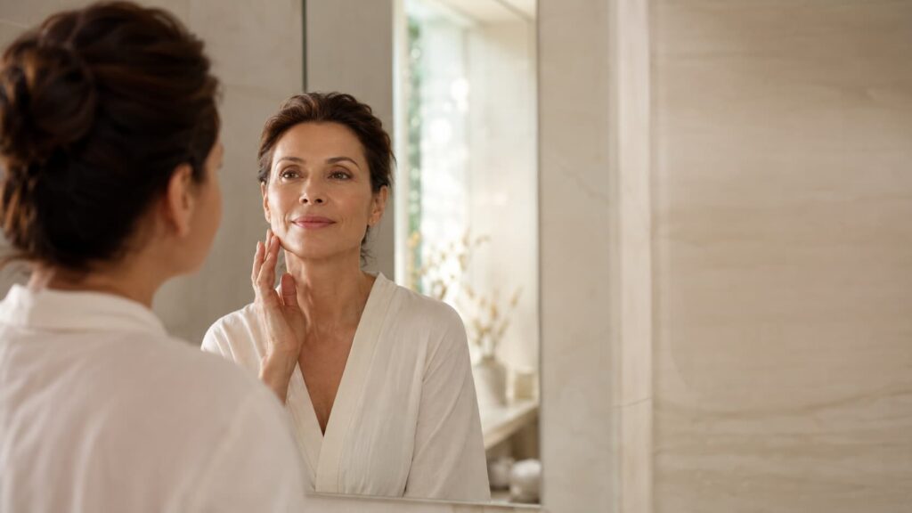 Woman considering neck lift surgery to address sagging skin and jawline definition