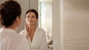 Woman considering neck lift surgery to address sagging skin and jawline definition